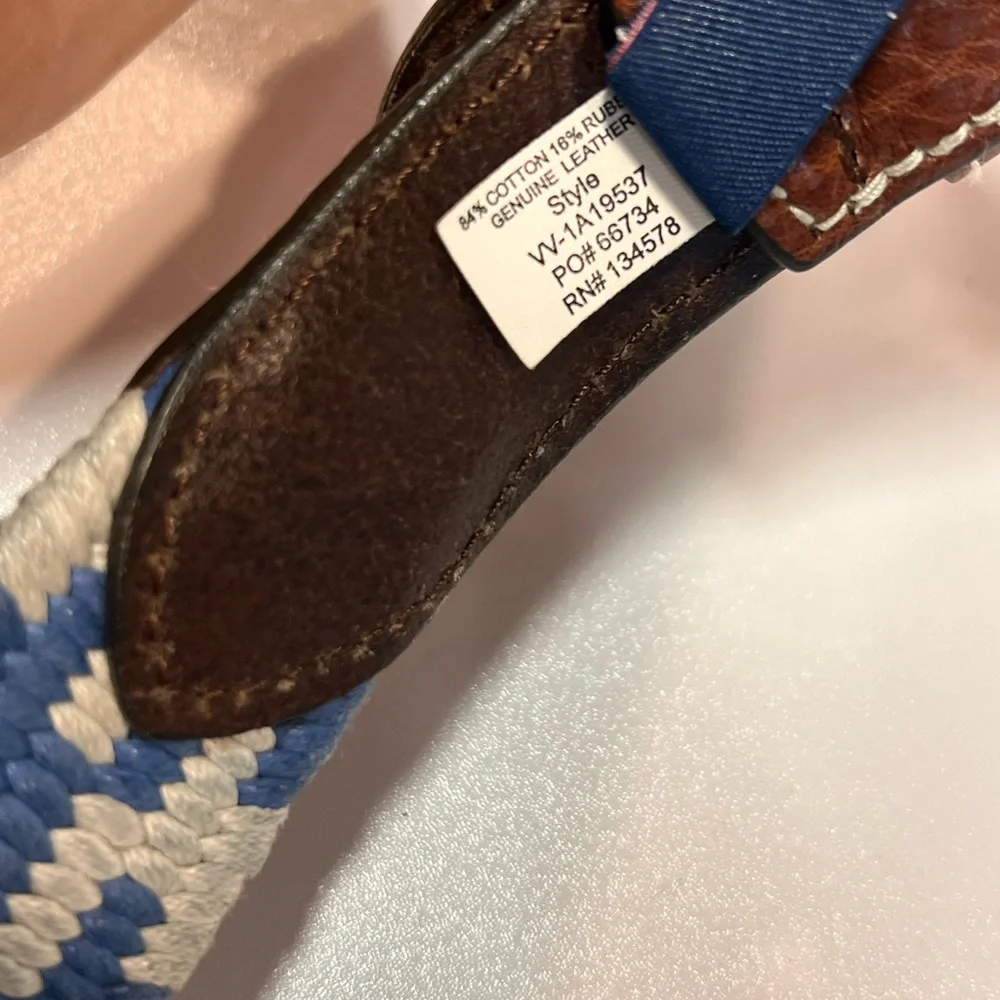 Vineyard Vines Belt Blue and White checked Cotton Leather Trim  Size 34
